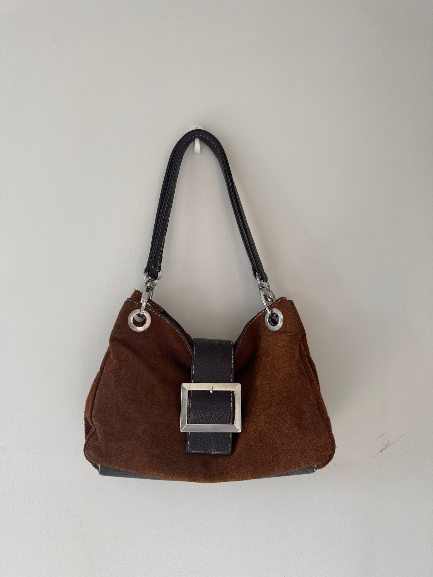 Vintage-Inspired Brown Faux Suede Shoulder Bag