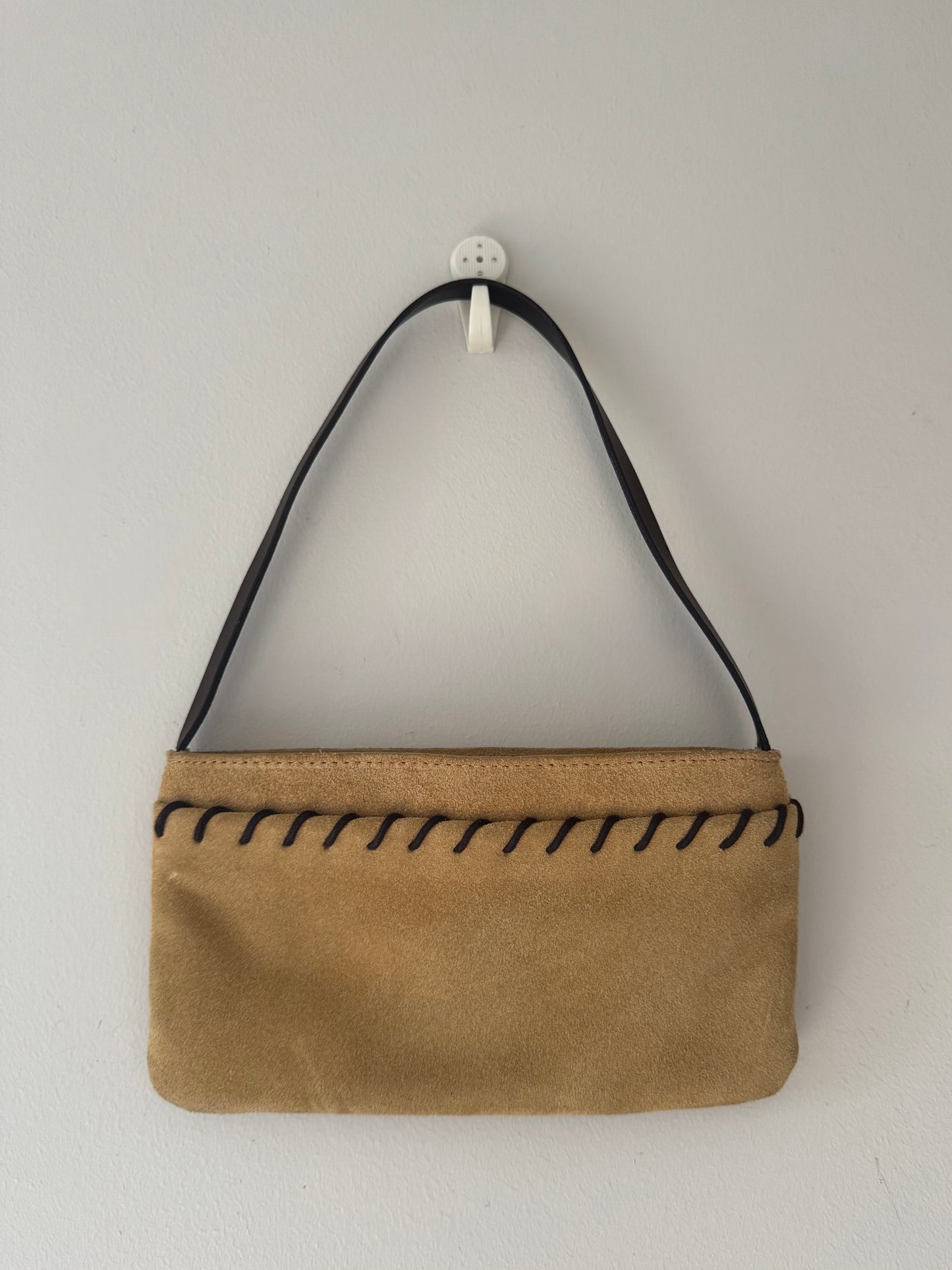 Mini Tan Suede Handbag with Contrast Stitching